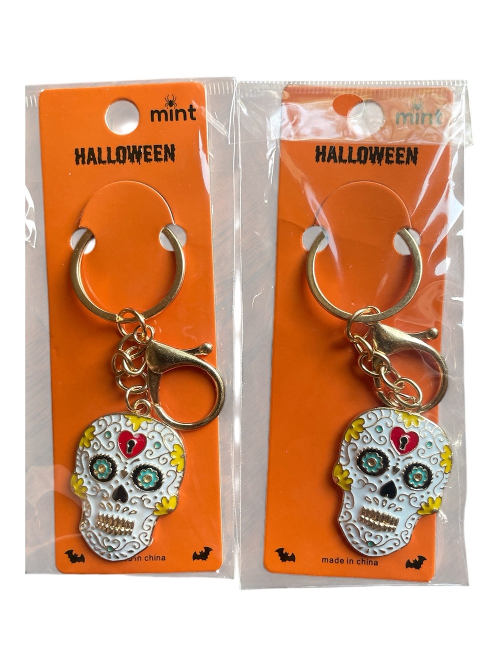 Mint Halloween White Sugar Skull Keychain - Set of 2